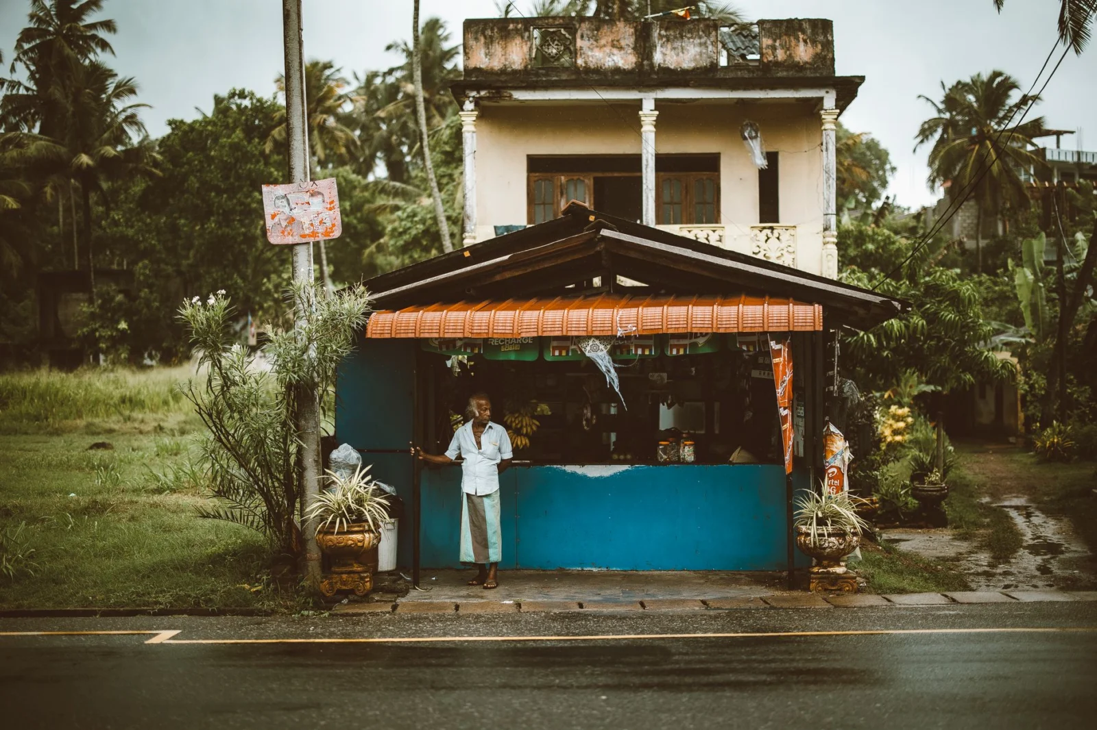 Sri Lanka monsoon rain on a town street during the wet season