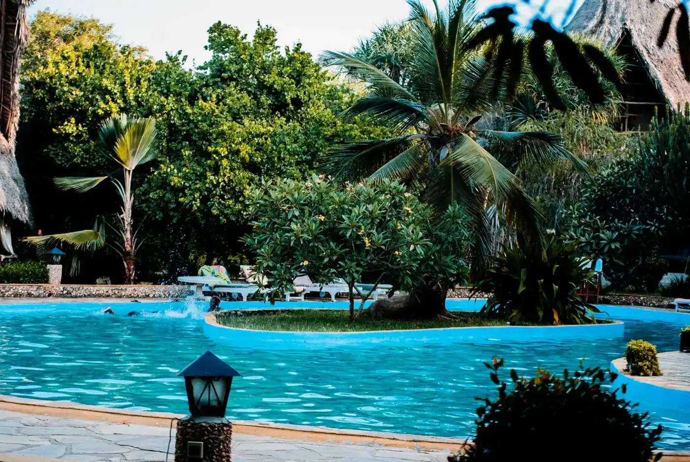 A resort pool ringed by palms and tropical planting, the kind of villa a Sri Lanka honeymoon books