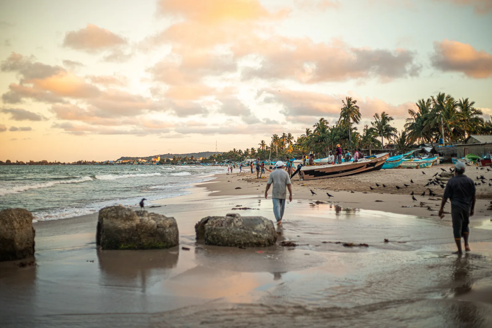 Fishing boats hauled onto the sand at sunset on the east coast at Trincomalee
